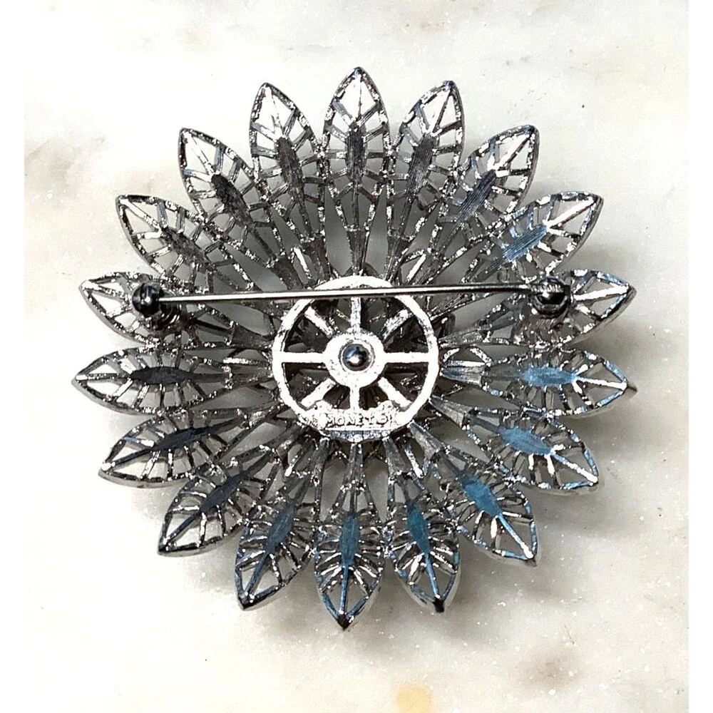 Vintage Monet Brooch Domed Filigree Silver Tone Signed Pin Retro Jewelry